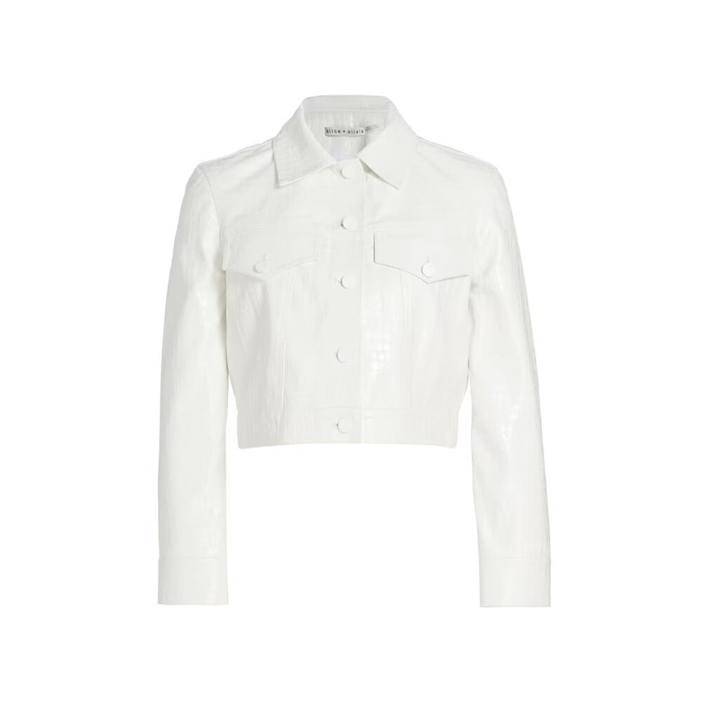 ALICE + OLIVIA Chloe Croc-Effect Faux Leather Crop Jacket Sz SP